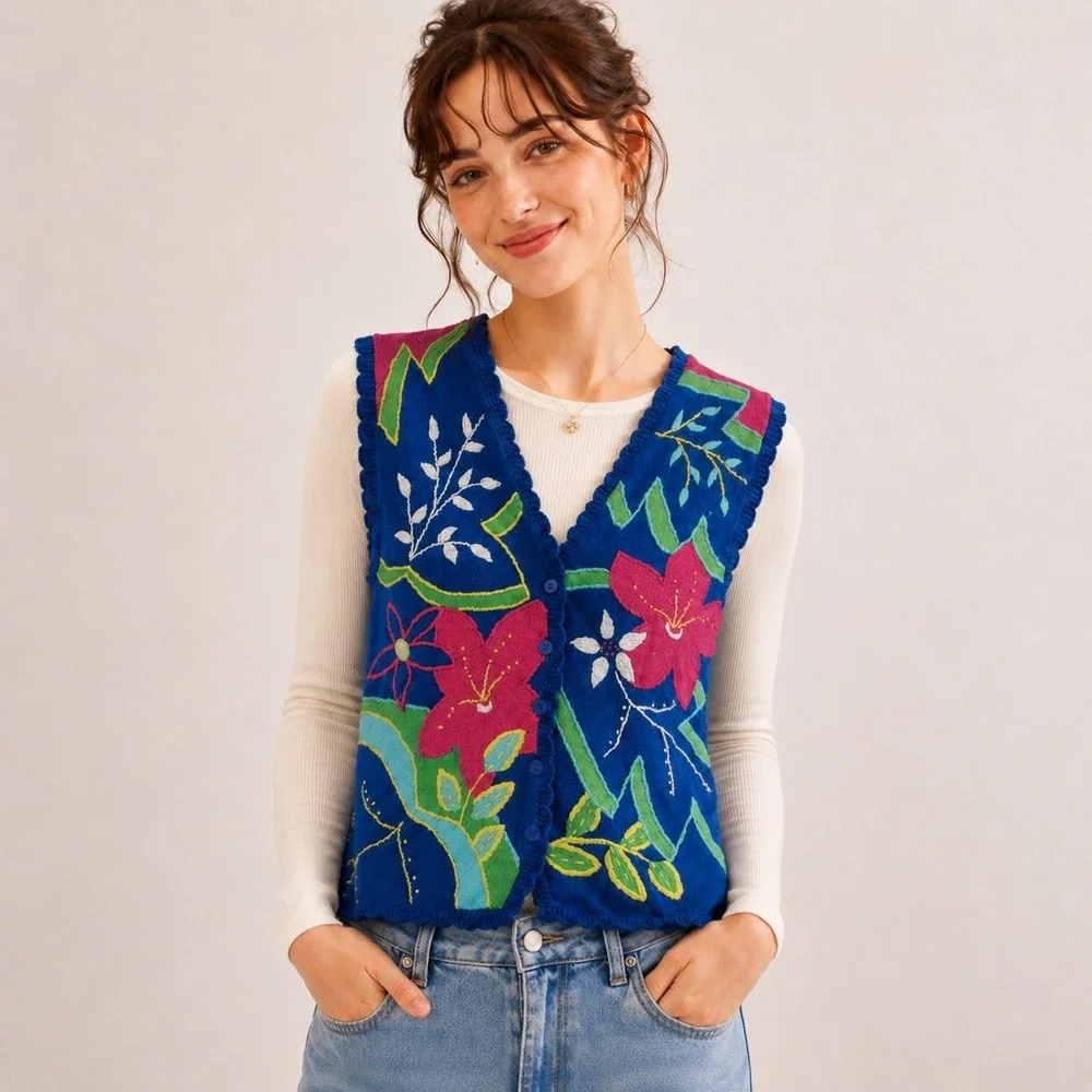 Koret Women's Embroidered Floral Sweater Vest Small 90s Cottagecore Grannycore